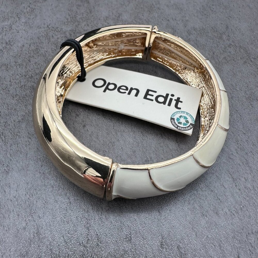 Open Edit Enamel Split Stretch Two Tone‎ White Cream Gold Tone Bangle Bracelet
